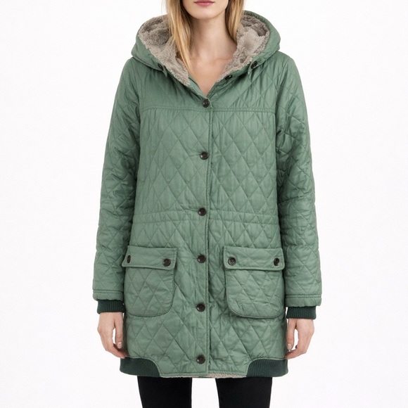 Korean Boutique Quilted Hooded Coat Faux Fur Green M Dongdaemun Adjustable Waist - Picture 2 of 14